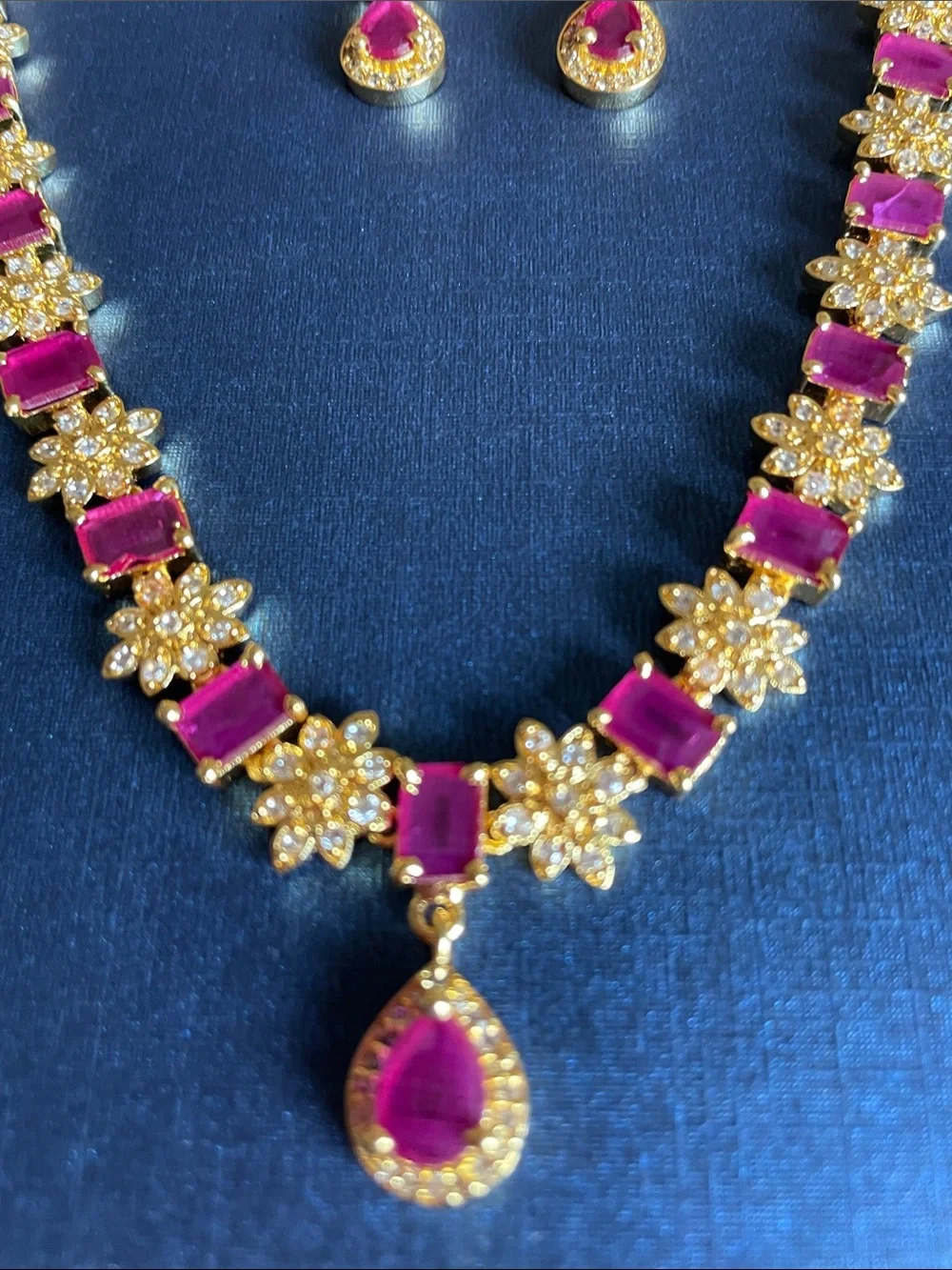 Gold-Plated Necklace and Earring Set with Pink Gemstones